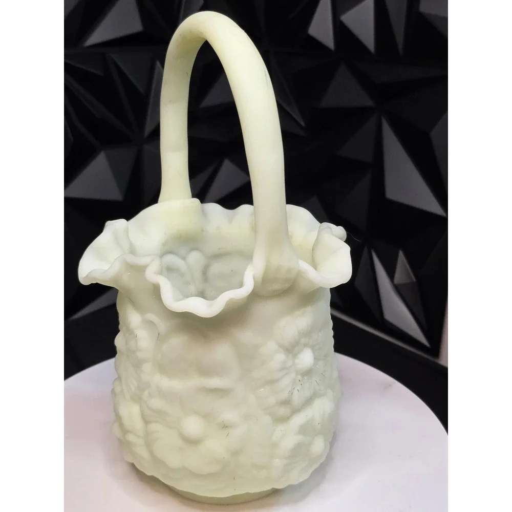 Fenton Custard Glass Poppy Family Basket Ruffled Edge Vintage Art Glass Yellow